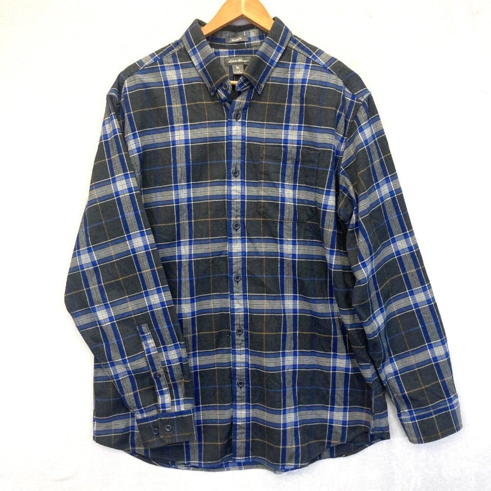 Eddie Bauer Relaxed Fit Flannel Shirt Mens Large Blue Gray Plaid Button Up Cabin